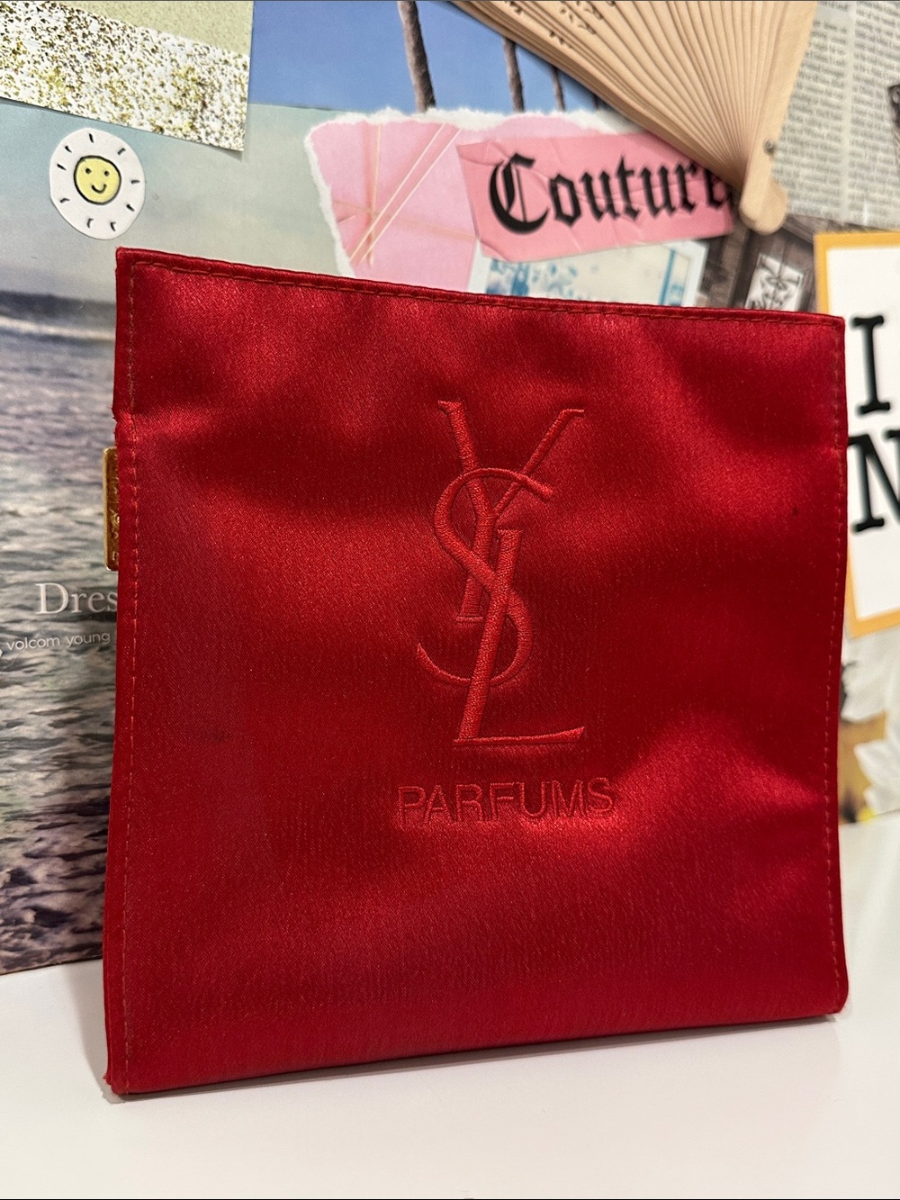 Vintage Yves Saint Laurent Red Satin Parfums Cosmetic Pouch
